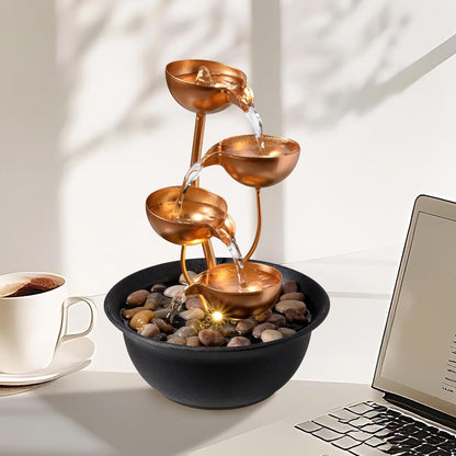 Tabletop Fountain Metal 4-Tier Cascading Bowl Water Feature Indoor Desktop Waterfall Fountain, Relaxing Zen Decor for Home Office Bedroom Meditation Gift, 9.8 Inch