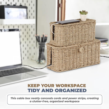Bluewest 2-Pack Cable Management Box with Lids, Rattan Cord Organizer