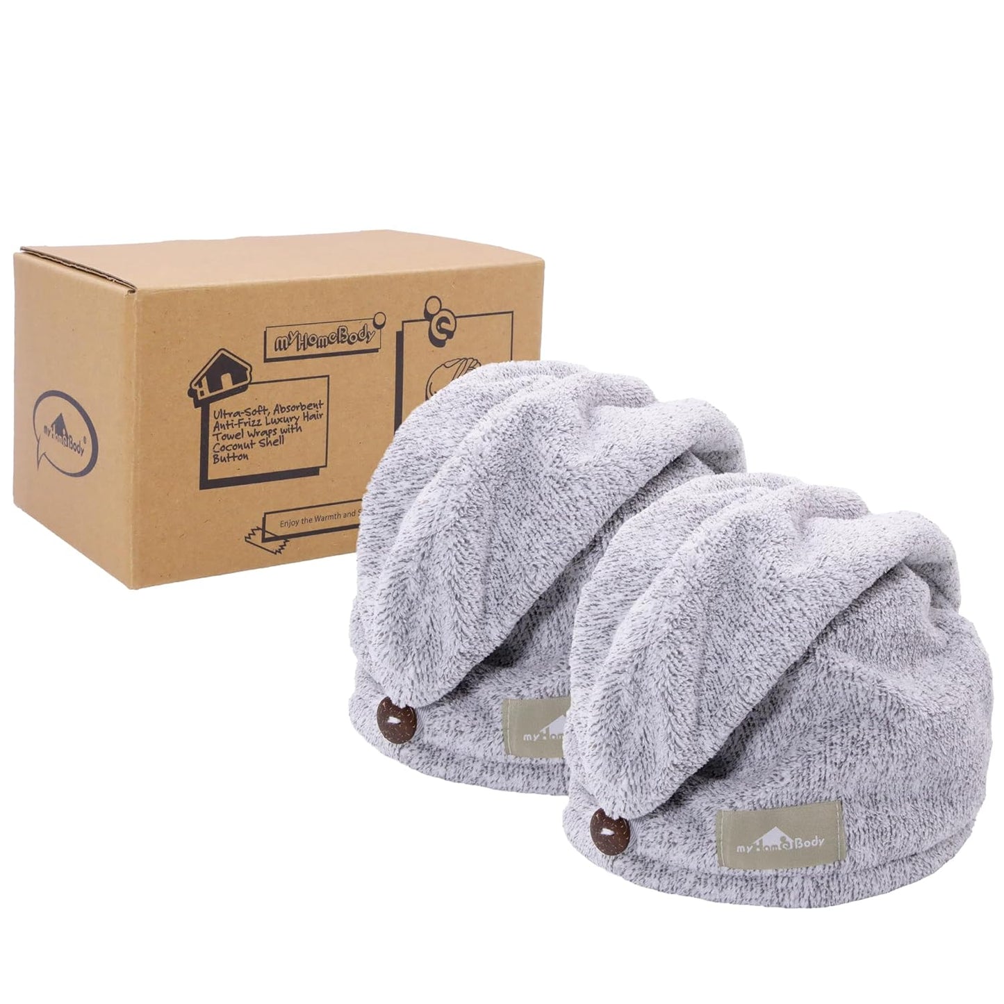 myHomeBody Hair Towel Wrap, Luxury Quick Drying Turban, Ultra Soft Absorbent Charcoal Fiber Cap, with Coconut Shell Button – Gray
