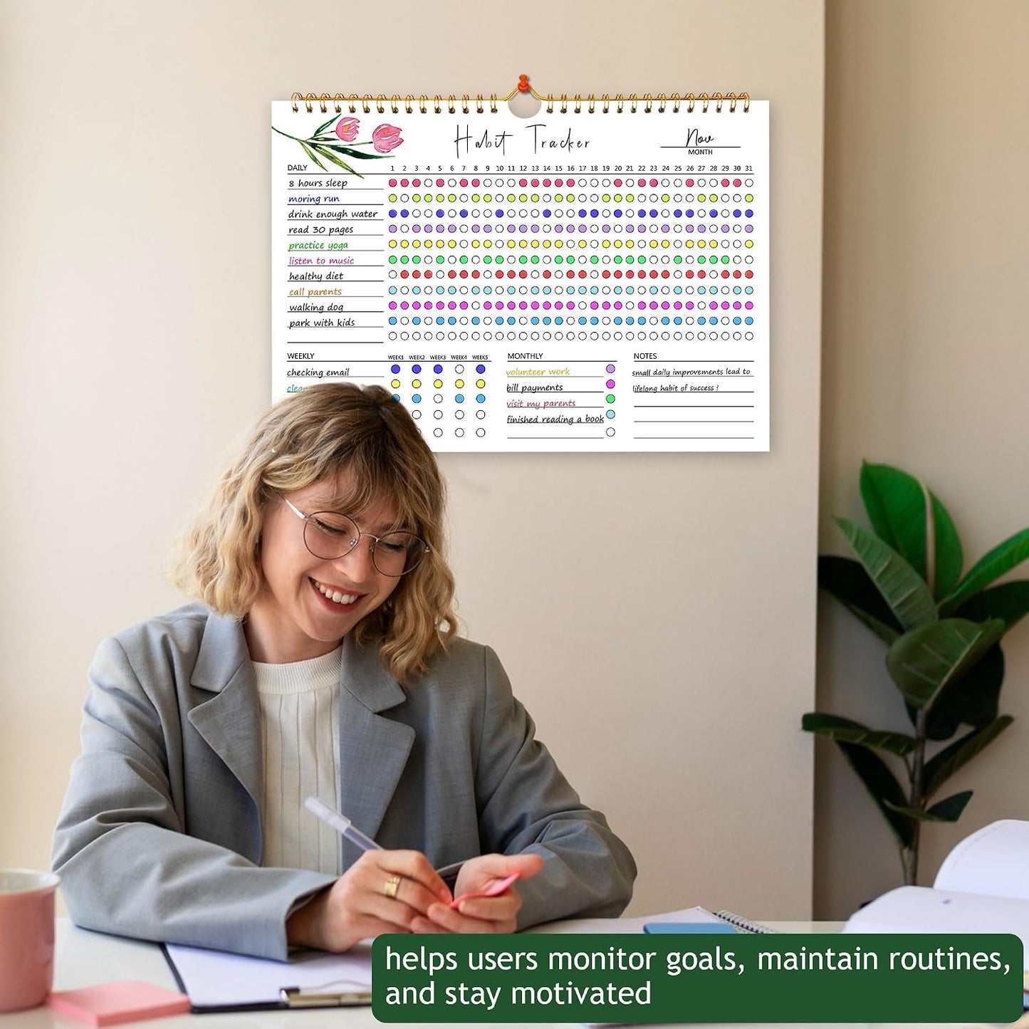 Habit Tracker Calendar, Aesthetic Daily Weekly Goal and Habit Tracker Journal, 12 Months Undated Habits Tracker Planner with Spiral Binding, Boost Productivity Tool and Workout Calendar, 11.7"x8.5"