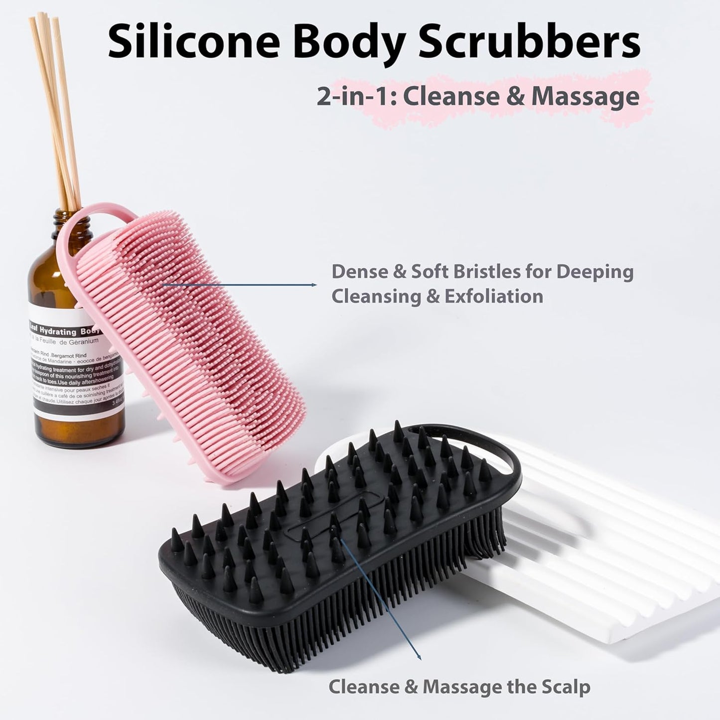 MtBoi 2 PC Silicone Body Scrubber, 2 in 1 Exfoliating Shower Bath Scrubber, Soft Silicone Loofah for Sensitive Skin, Shower Hair Scalp Massager, Easy to Clean, Lather Well (Grey&Black)