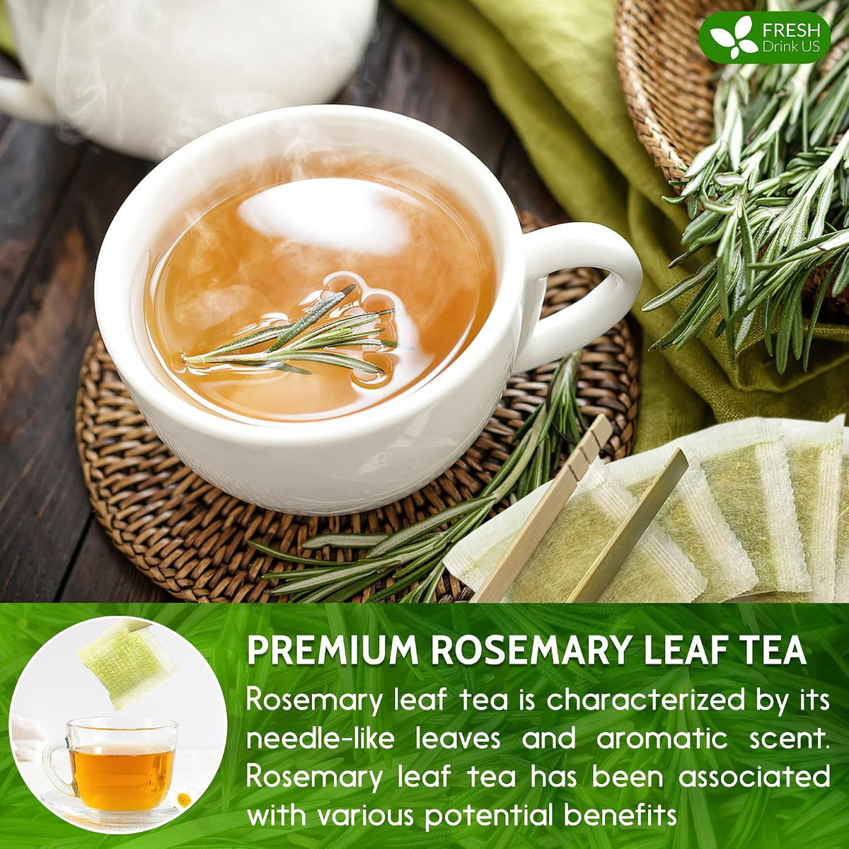 FreshDrinkUS, Premium Rosemary Leaf Tea, 75 Count, Pure, Caffeine Free