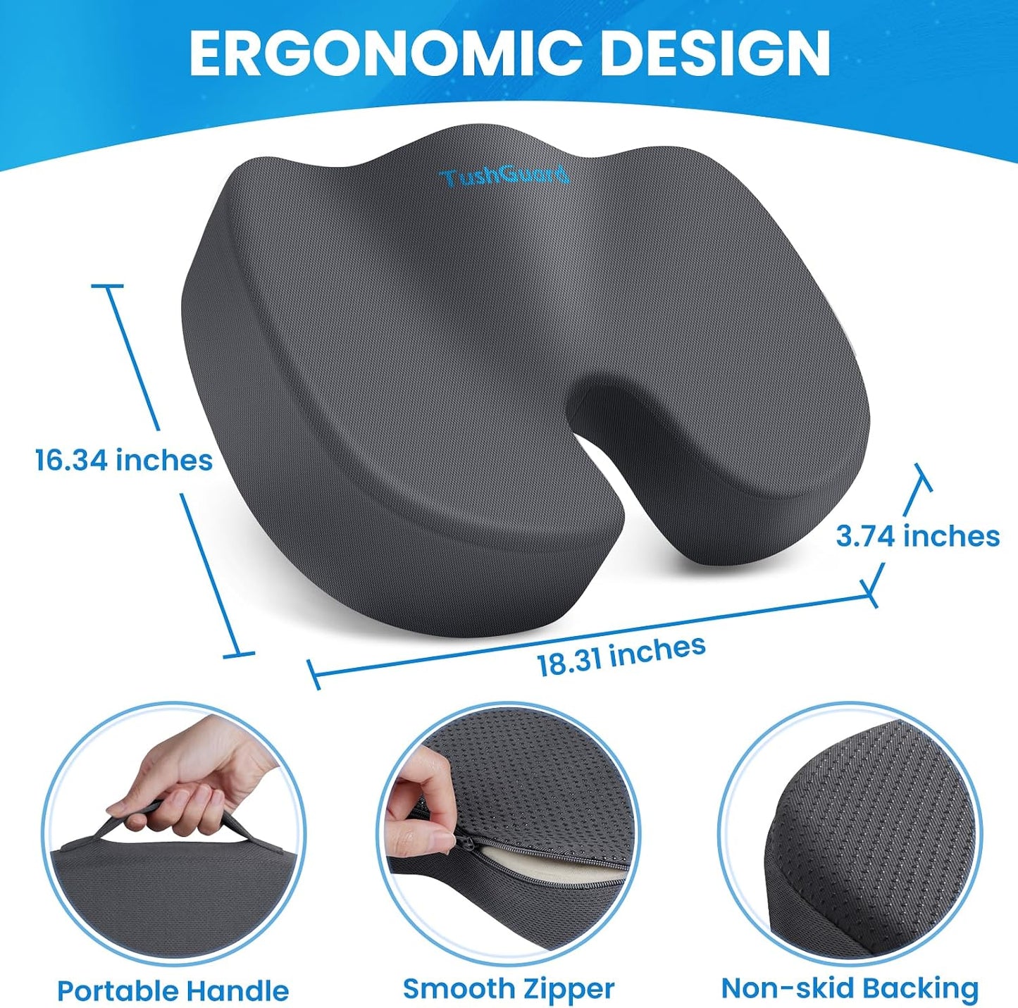 TushGuard Seat Cushion for Office Chair Memory Foam Non-Slip Cushion Back, Relief Chair Pad, Butt Pillow for Office Chair, Car, Computer Desk, Black