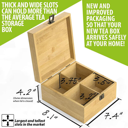 Tea Organizer Box Food Safe Chemical Free Bamboo Wood Storage Chest Big, Tall, Adjustable Cubbies (8-Slot 14.3" x 8.1" x 4.2" with TEA print design)