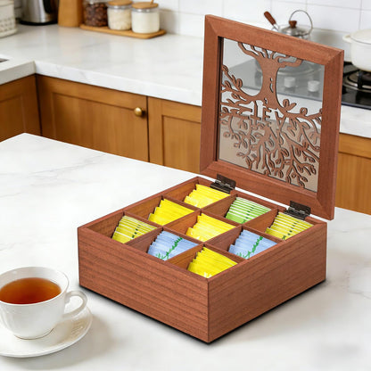 Wood Tea Box Organizer,Tea Organizers and Storage with Tree Pattern,Tea Bag Holder,Decorative Tea Storage Organizer Box,9 Compartments Tea Organizer for Tea Bags Coffee