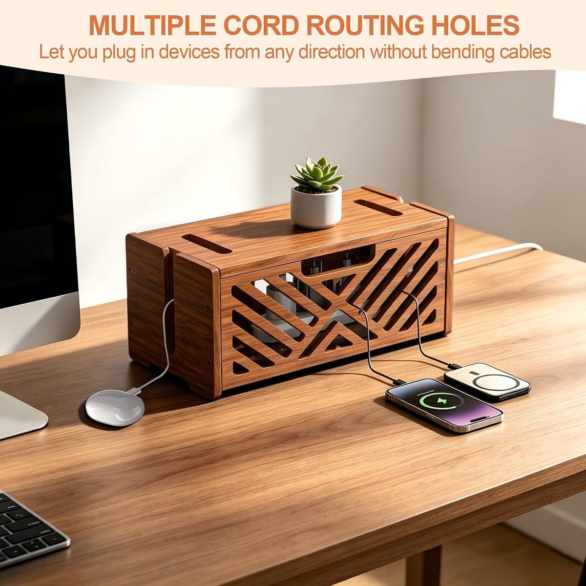 Extra Large Wooden Cable Management Box, 15.35 x 8.98 x 8.27 inches, Cord Hider Box with Cable Slots, Cable Organizer Box to Hide Power Strips, Surge Protector, Extension Cords for Desk & Floor