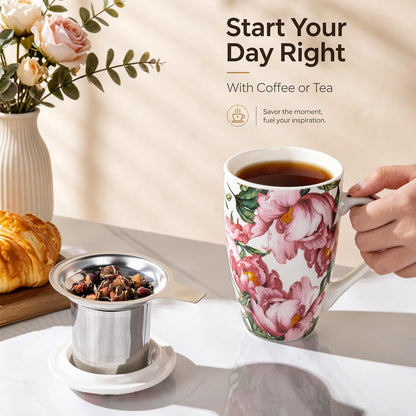 AmorArc 18oz Porcelain Tea Mug with Infuser & Lid, Loose Leaf Tea Cup with Stainless Steel Strainer, Large Coffee Mug Gift for Women, Tea Lovers, Home & Office