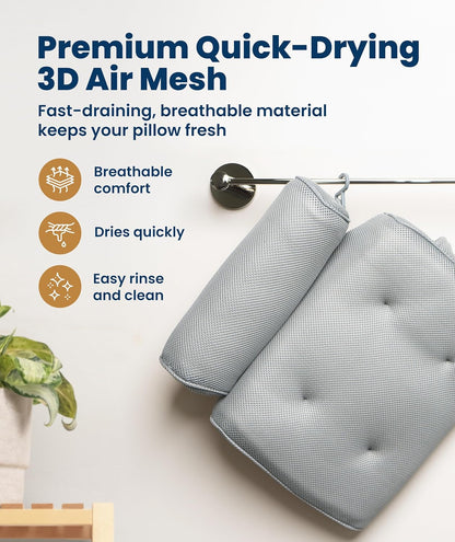 Everlasting Comfort Luxury Bath Pillows for Tub with Head and Neck Support - Non-Slip Bathtub Pillow with Suction Cups, Quick-Drying Mesh & Drying Hook - Jacuzzi & Spa Accessories for Women - Gray