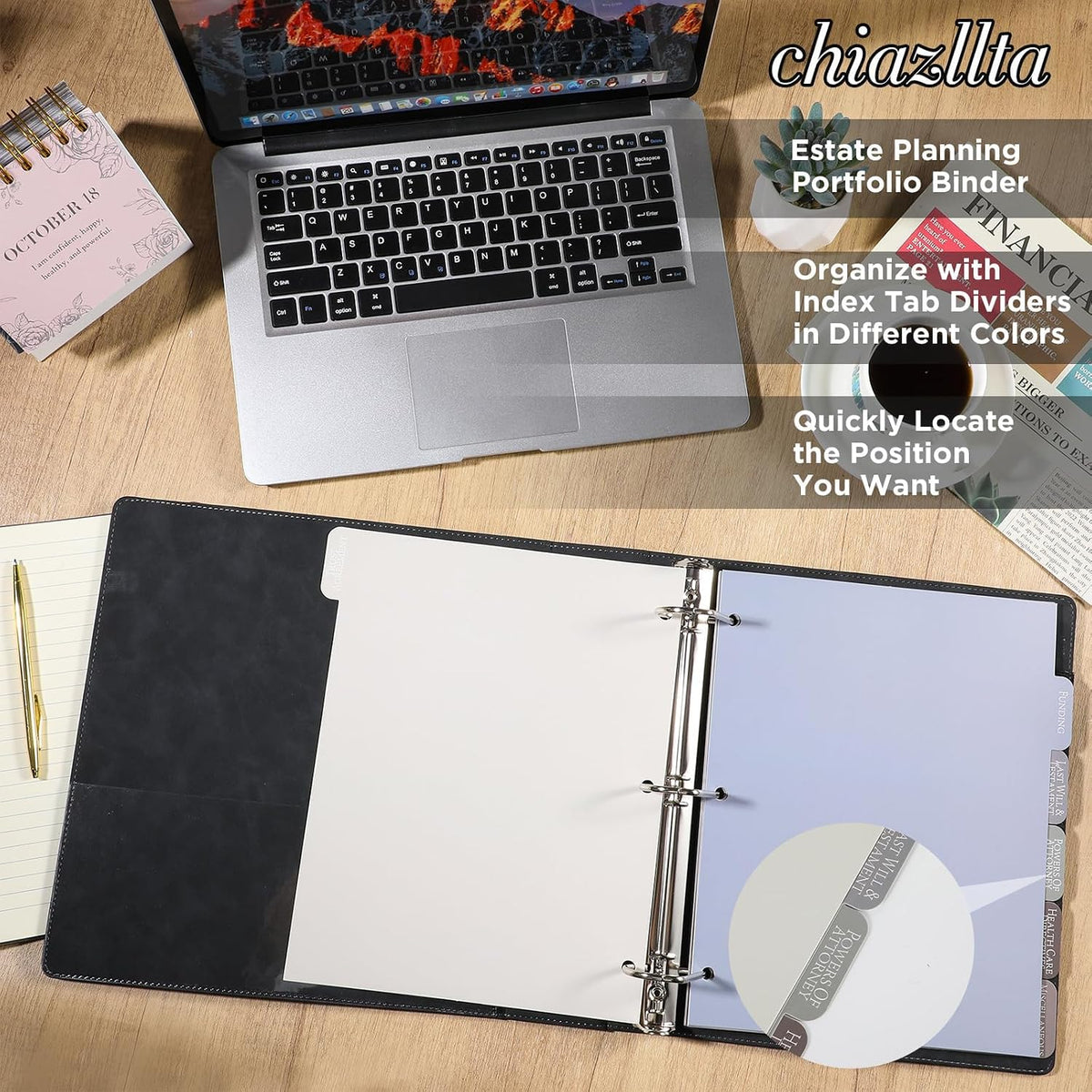 chiazllta Estate Planning Portfolio Binder with Index Tab Divider End of Life Planner When I Die Organizer Binder PU Leather 3 Ring Organizing Wills Trusts Powers of Attorney Final Wishes (Black)