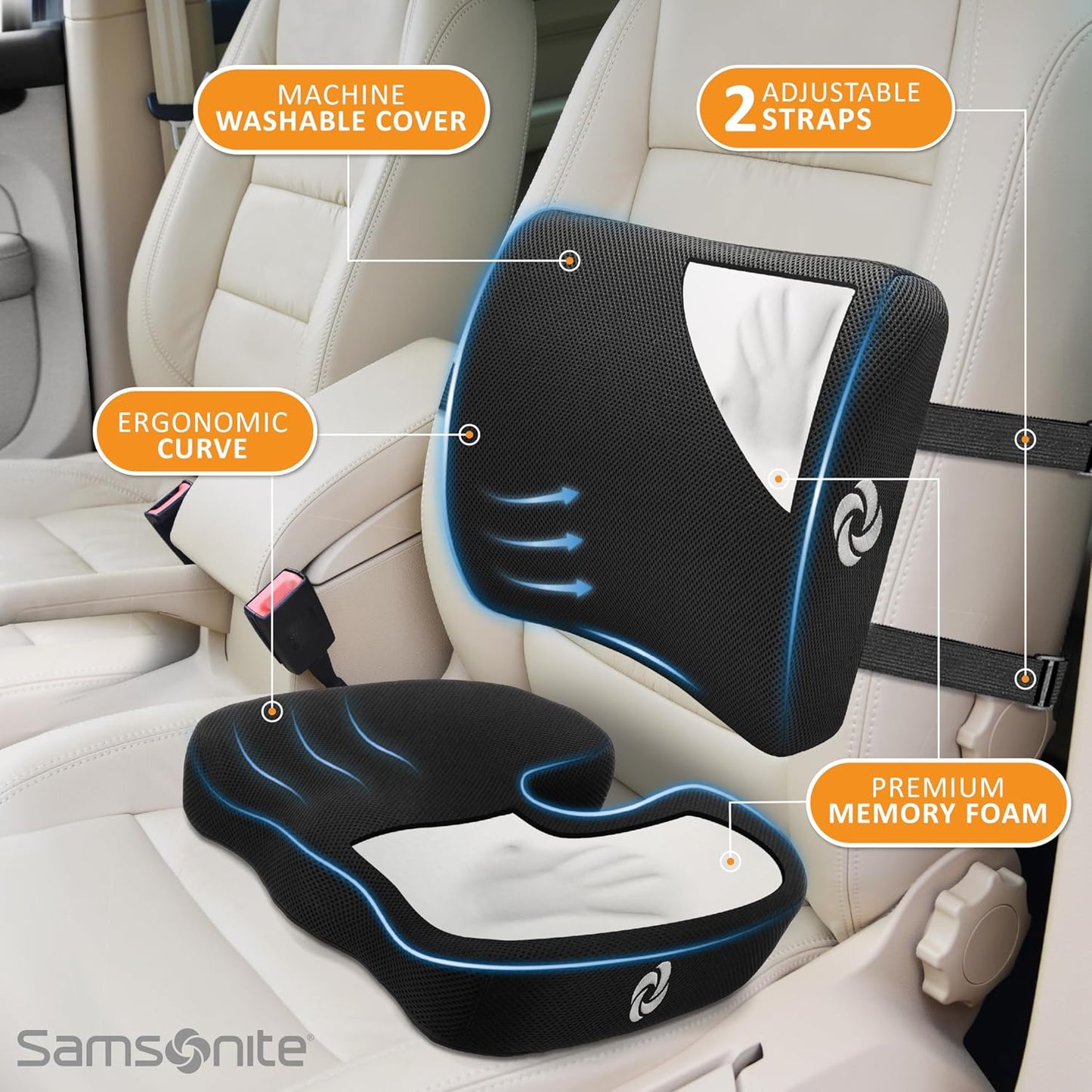 Samsonite Lumbar Support Pillow for Office Chair, Lower Back Support for Car, Back Pillow Desk Chair Cushion with Memory Foam, Improved Posture Backrest