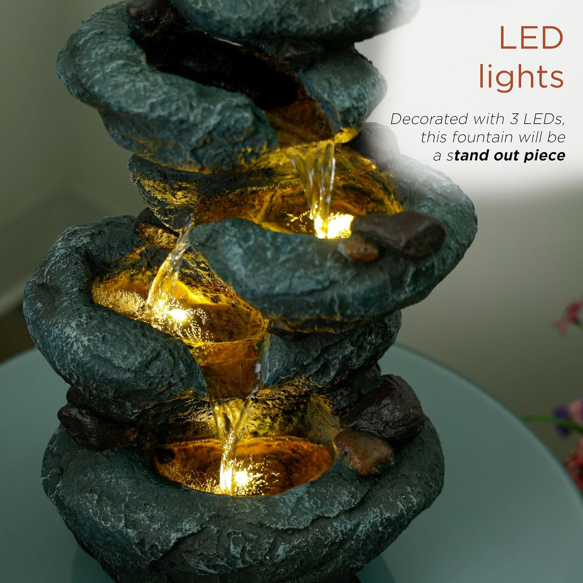 Alpine Corporation 13" Tall Indoor Tabletop Water Fountain, 4 Tier Cascading Water Feature with LED Lights for Home, Office, Living Room, or Zen Decor, Gray