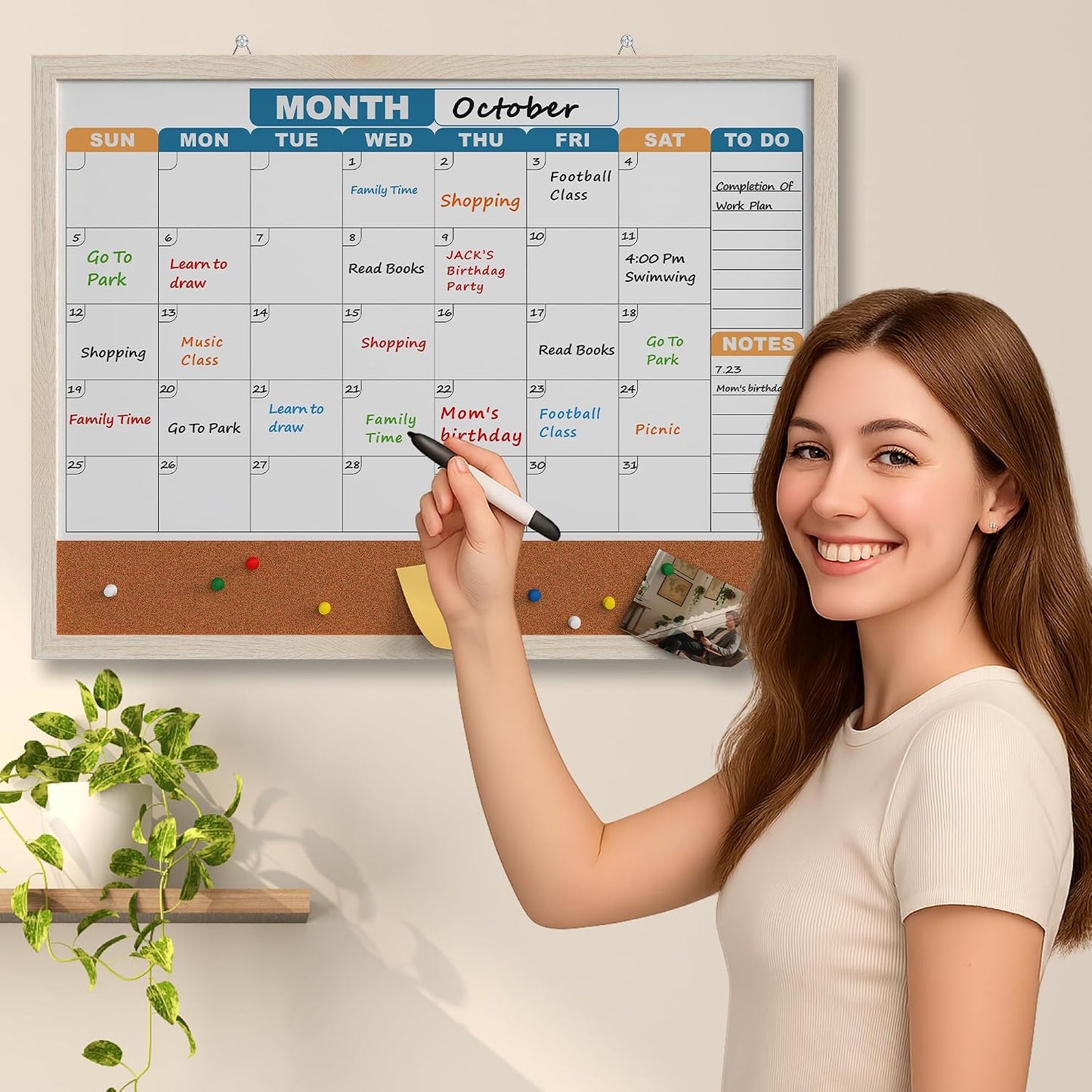 Monthly Calendar Dry Erase Board 16x12 Inch, Double-Sided Whiteboard and Corkboard Combo, Wall Mounted Planner Organizer with Markers, Magnets, Push Pins, Eraser, for Home Office School