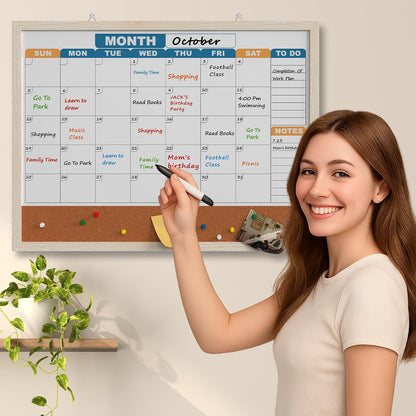 Monthly Calendar Dry Erase Board 16x12 Inch, Double-Sided Whiteboard and Corkboard Combo, Wall Mounted Planner Organizer with Markers, Magnets, Push Pins, Eraser, for Home Office School