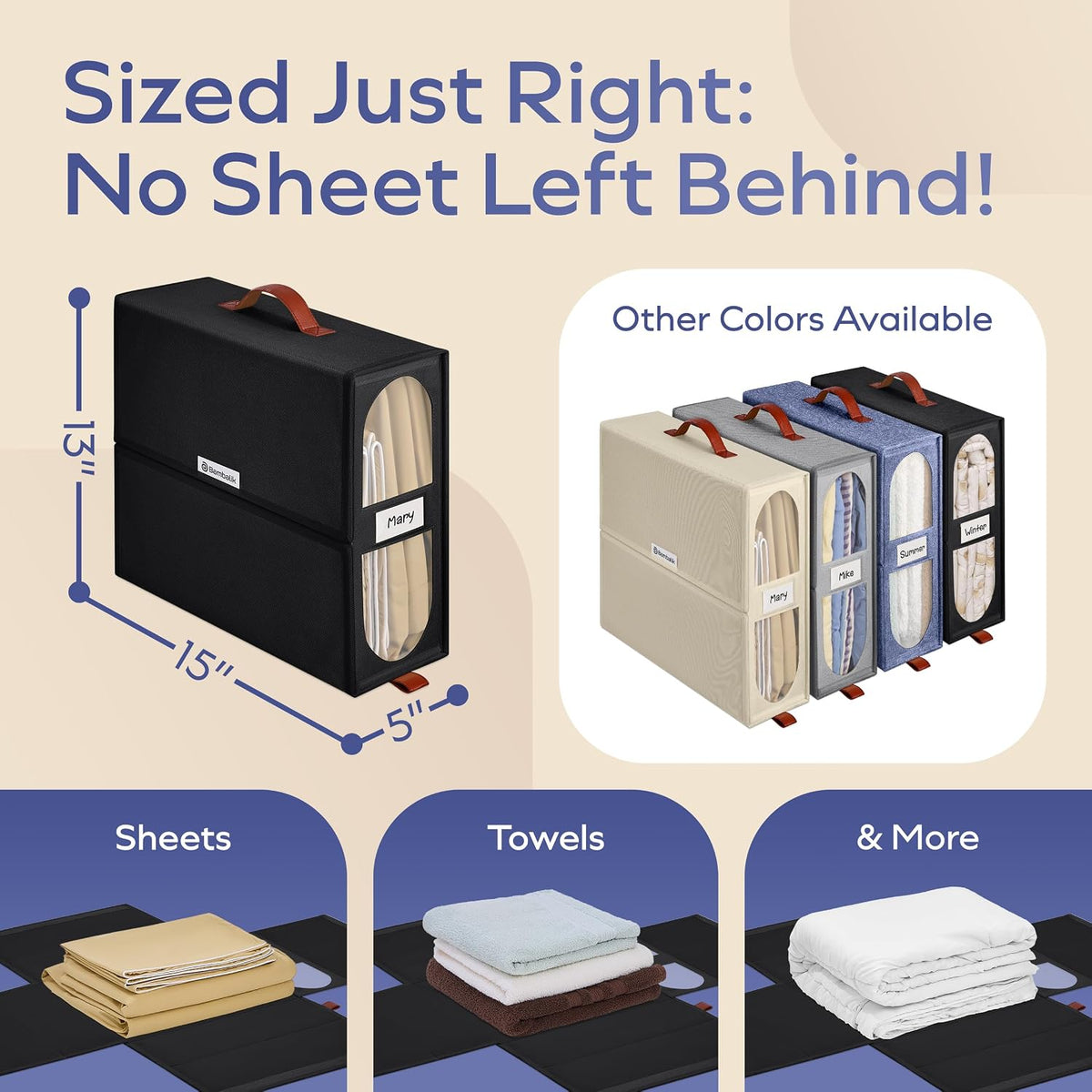 4x Bed Sheet Organizer Storage Boxes with Big See-Through Windows - Bedsheet Organizers Redesigned. Robust Bed Sheet Storage -15x13x5 in. Sheet Organizers Containers (Off-White)