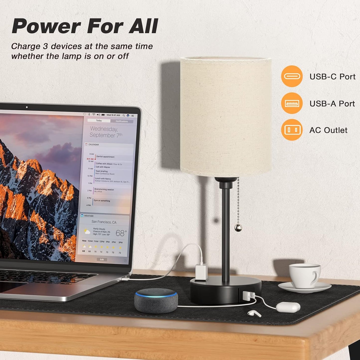 Small Bedside Table lamp for Bedroom - 3 Color Temperatures Bedside Lamps with USB C and A Ports, Pull Chain Table Lamps with AC Outlet, White Nightstand Lamps with Black Metal Base for Kids Reading