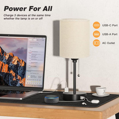 Small Bedside Table lamp for Bedroom - 3 Color Temperatures Bedside Lamps with USB C and A Ports, Pull Chain Table Lamps with AC Outlet, White Nightstand Lamps with Black Metal Base for Kids Reading