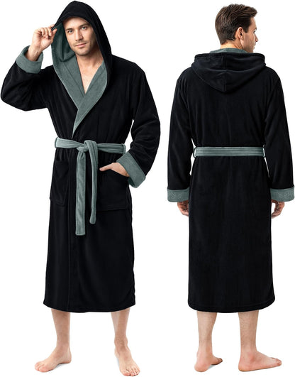 NY Threads Mens Robe with Hood, Luxury Plush Fleece Hooded Mens Bathrobe, Spa Bath Robe for Men