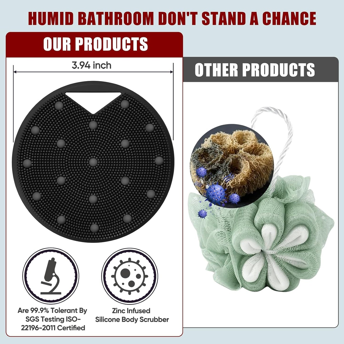 Silicone Body Scrubber -Anti Zinc Infused Exfoliating Body Scrubber | Anti Slip Silicone Loofah,Stiff & Soft Bristles for Cellulite Reduction,Blood Circulation - Black