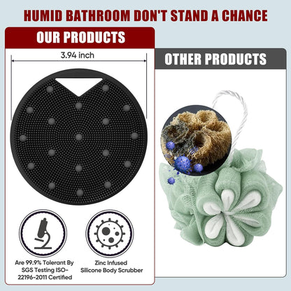 Silicone Body Scrubber -Anti Zinc Infused Exfoliating Body Scrubber | Anti Slip Silicone Loofah,Stiff & Soft Bristles for Cellulite Reduction,Blood Circulation - Black