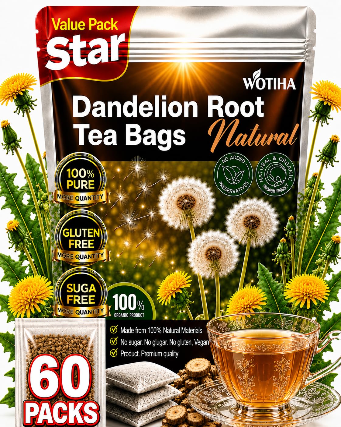 WOTIHA 60 Count Premium Dandelion Root Tea Bags - 100% Natural Roasted, Supports Liver & Kidney Health, Digestion & Immunity, Caffeine-Free, Additive-Free, Gluten-Free, Vegan.