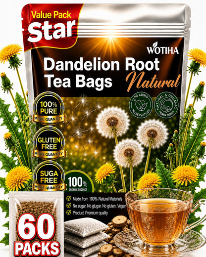 WOTIHA 60 Count Premium Dandelion Root Tea Bags - 100% Natural Roasted, Supports Liver & Kidney Health, Digestion & Immunity, Caffeine-Free, Additive-Free, Gluten-Free, Vegan.