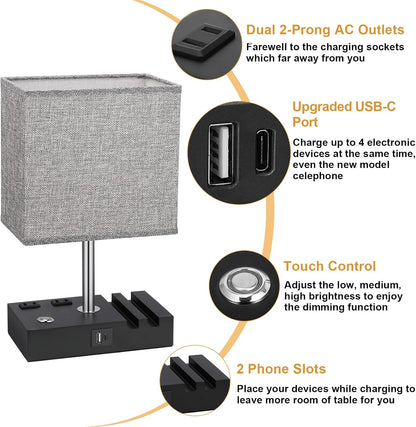 Kakanuo Fully Dimmable Nightstand Lamp for Bedroom with USB C Ports, Grey Small Bedside Table Lamp with Charging Outlets and Phone Stands, Wooden Desk Lamp for Living Room, LED Bulb Included