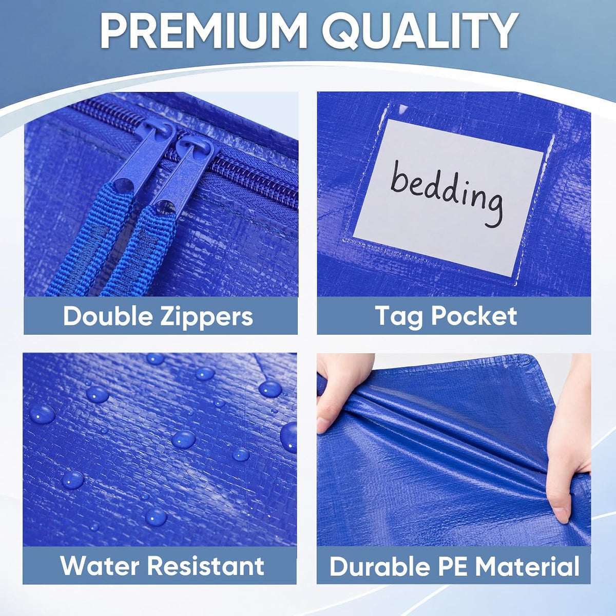 TICONN Extra Large Moving Bags Heavy Duty with Zippers & Carrying Handles, Durable Storage Bags Moving Boxes for Closet Organizers and Storage (Blue)
