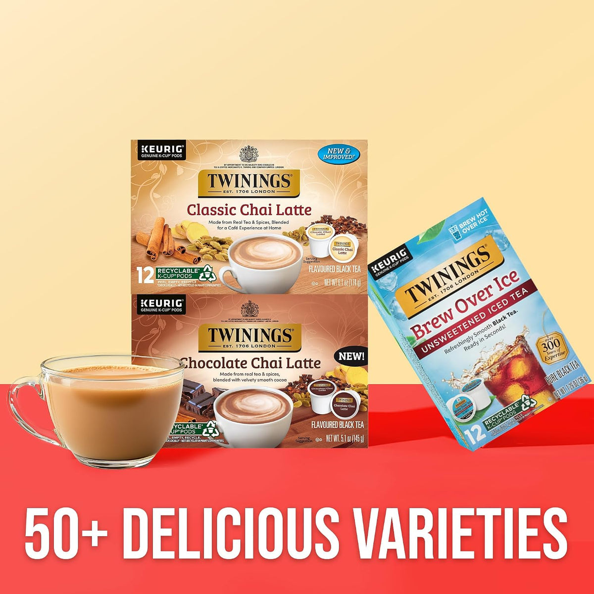 Twinings Chai Latte Black Tea 72 K-Cup Pods for Keurig, 12 Count (Pack of 6), Creamy, Slightly Sweet, Less Sugar, Caffeinated, Enjoy Hot or Iced