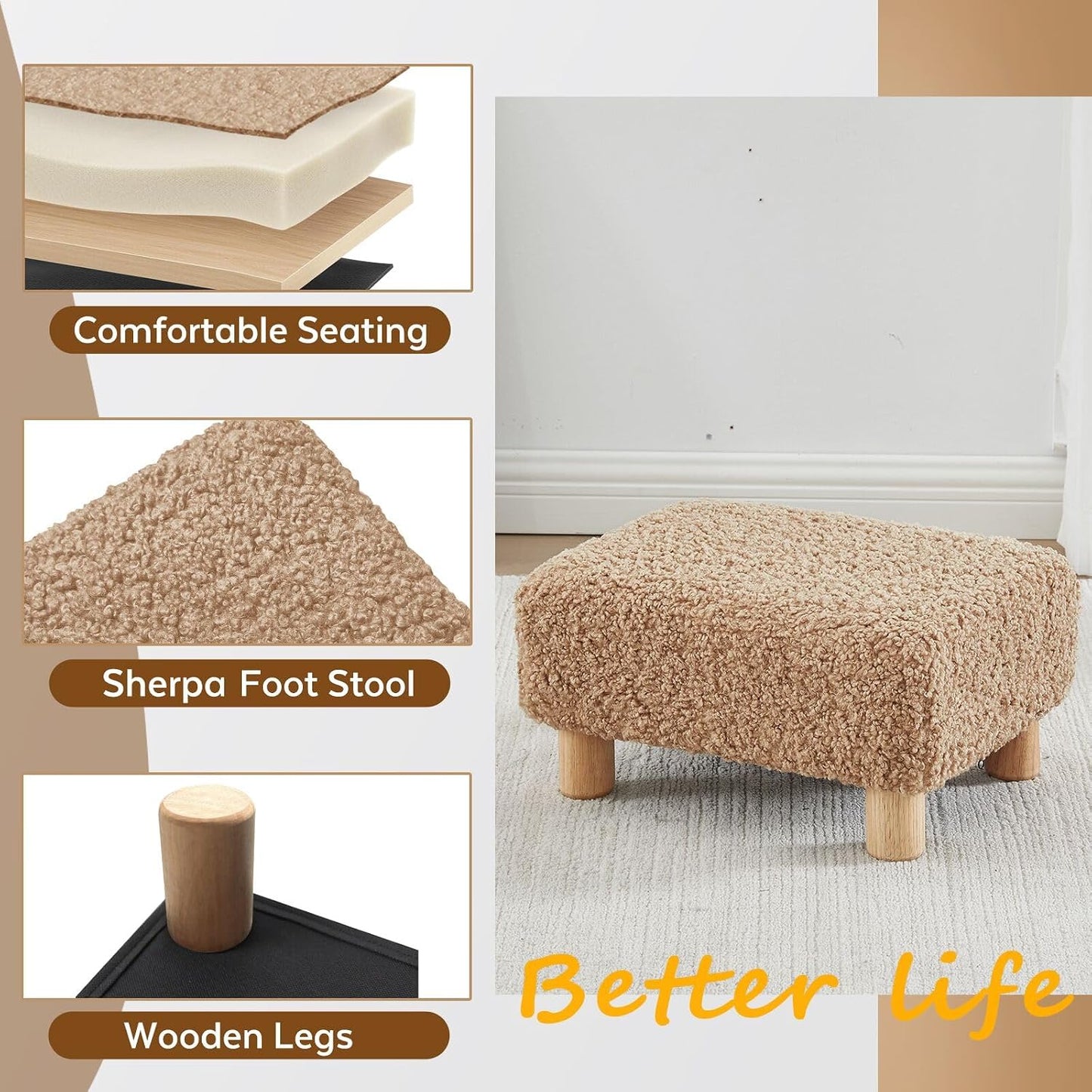 Small Foot Stool Ottoman, Sherpa Footstool Ottoman Foot Rest for Couch, Rectangle Footstools and Ottomans Small for Living Room, Entryway and Bedroom (White)
