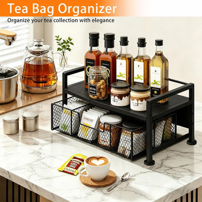 Tea Bag Organizer, Wooden Tea Box with Drawer and Top Tray, Rustic Brown