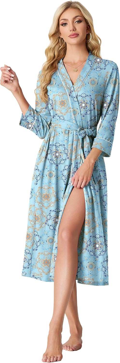 PrinStory Robes for Women 3/4 Sleeve Long Bath Robe XS-4XL