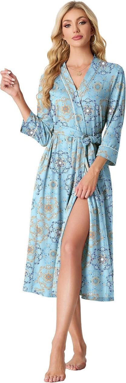 PrinStory Robes for Women 3/4 Sleeve Long Bath Robe XS-4XL