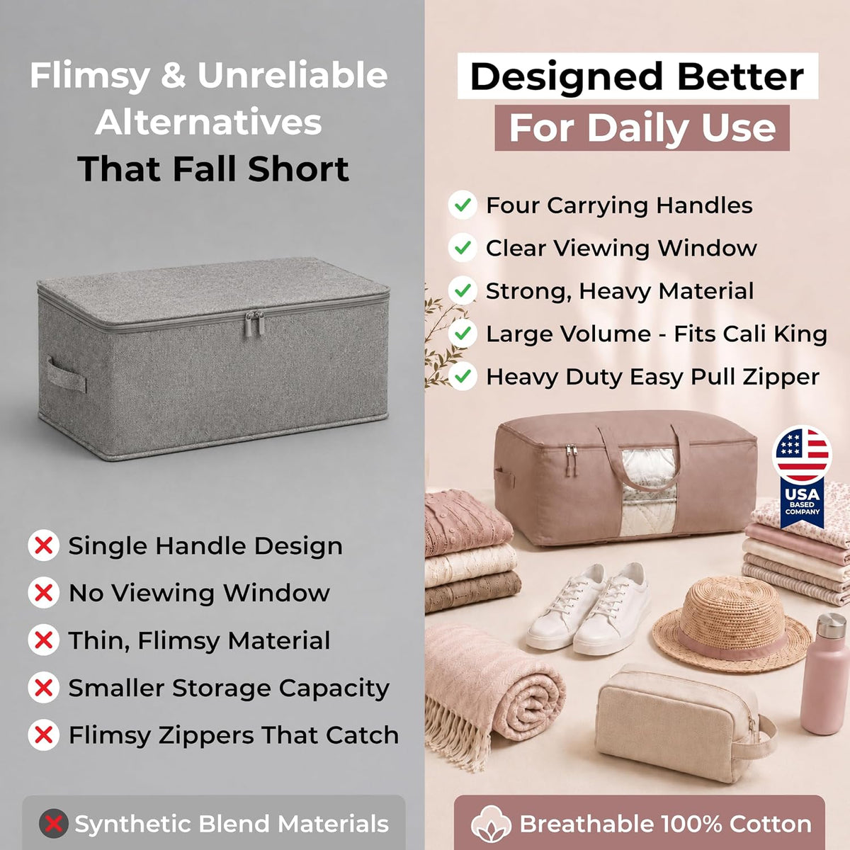 Soft Canvas Storage Bags with Zipper. Thick Breathable, 2pc King/Queen Comforter Organizer. Four Carrying Handles and Window. Large 25x19x9in Bag for Sheets Blankets Bedding Pillows, Clothes