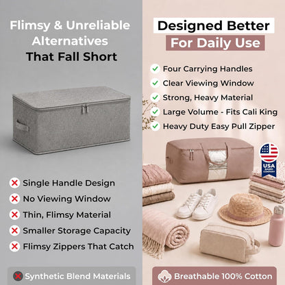 Soft Canvas Storage Bags with Zipper. Thick Breathable, 2pc King/Queen Comforter Organizer. Four Carrying Handles and Window. Large 25x19x9in Bag for Sheets Blankets Bedding Pillows, Clothes