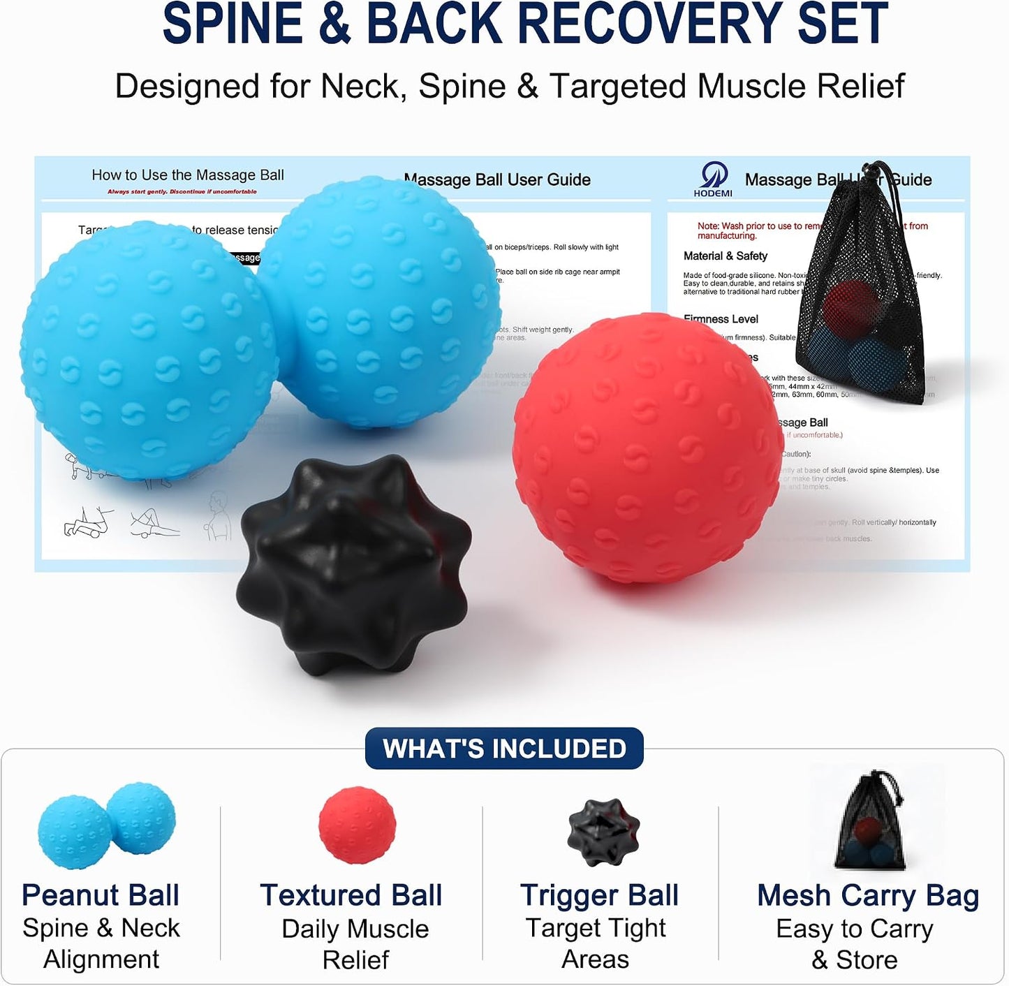 HODEMI Peanut Massage Ball Set, 3 Pack Peanut Roller, Textured Massage Ball & Trigger Point Ball for Deep Tissue Massage and Myofascial Release for Back, Neck, Hip and Foot with Mesh Bag
