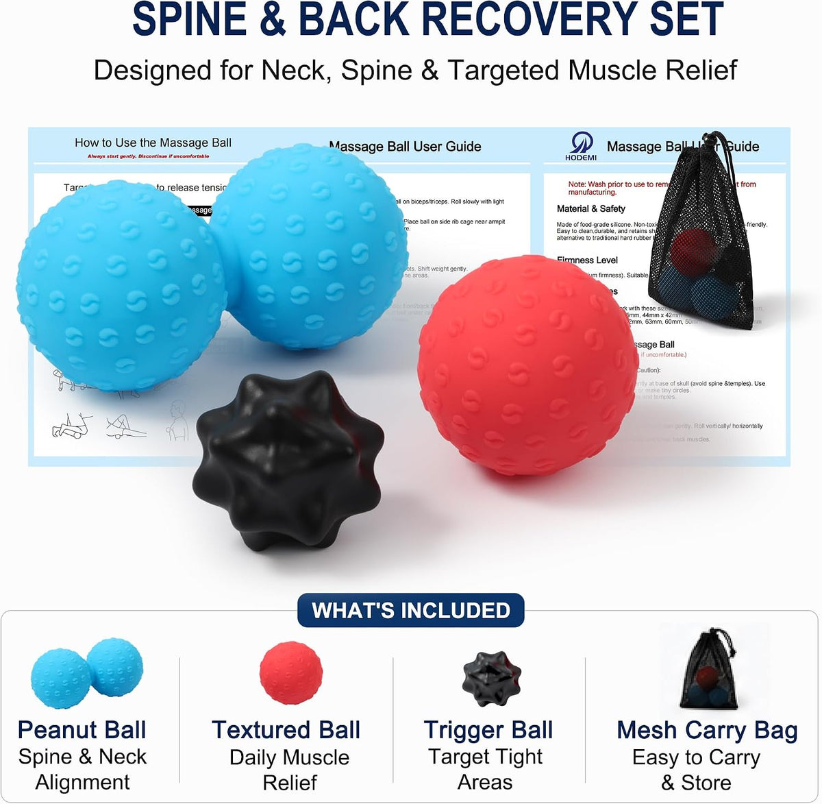 HODEMI Peanut Massage Ball Set, 3 Pack Peanut Roller, Textured Massage Ball & Trigger Point Ball for Deep Tissue Massage and Myofascial Release for Back, Neck, Hip and Foot with Mesh Bag