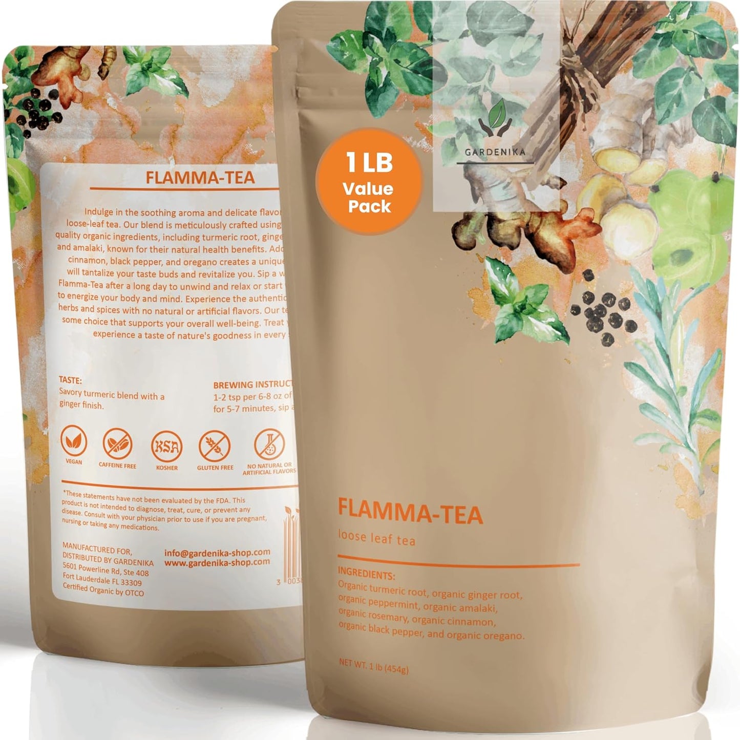 Gardenika Organic Loose Leaf Tea Sampler – 8 Pack, 1 LB – Herbal and Naturally Caffeine-Free Set - Ayurvedic Assortment Blend