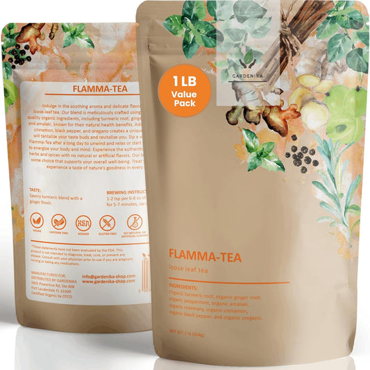 Gardenika Organic Flamma-tea Loose Leaf Turmeric Ginger Tea | with Cinnamon & Pepper | 100% Natural | Caffeine Free | Herbal Wellness Tea | Premium Blend | 1 lb (454g)