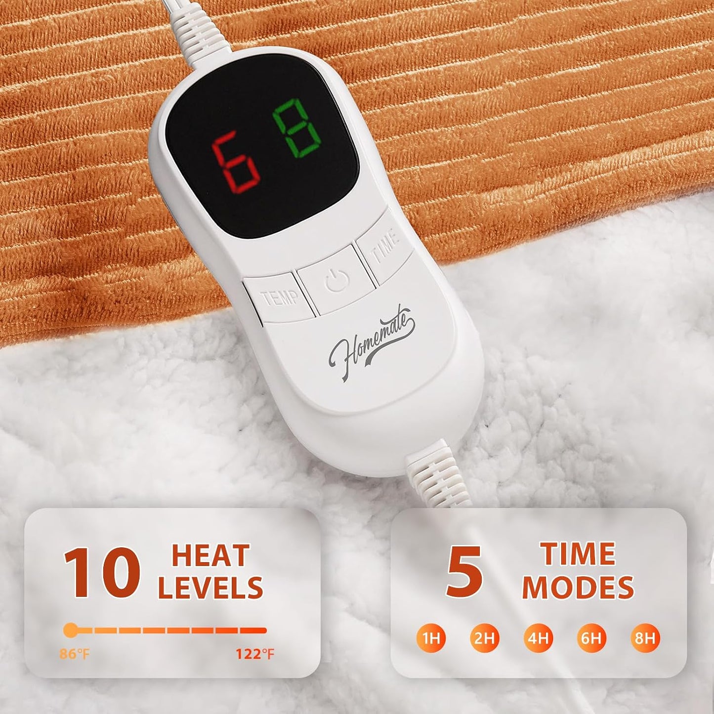 Homemate Heated Blanket Electric Throw - 50"x60" Heating Blanket Throw 1/2/4/6/8 Hours Auto-Off 10 Heat Levels Over-Heat Protection Soft Flannel Sherpa Heater ETL Certification