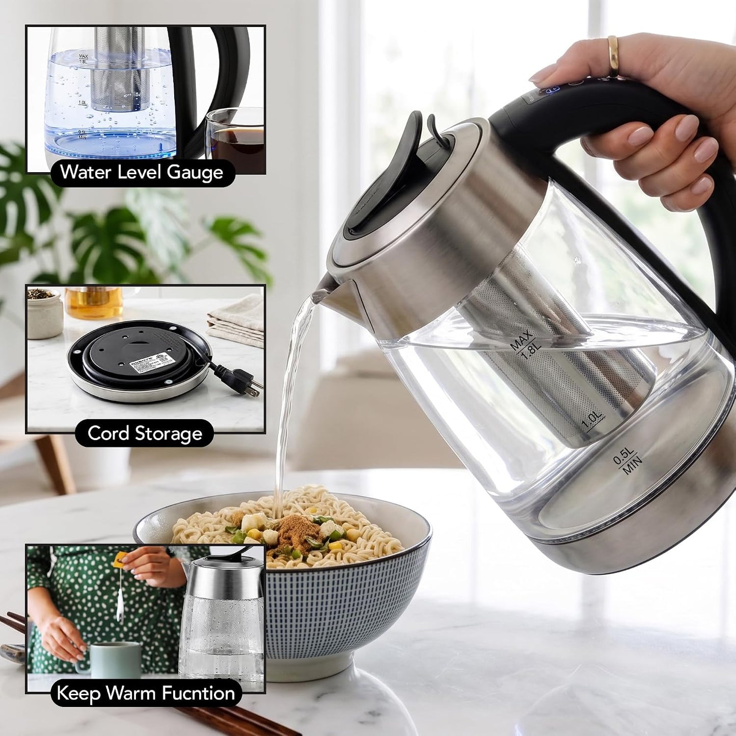 OVENTE 1.8L Glass Electric Kettle with Tea Infuser, Silver KGD752S