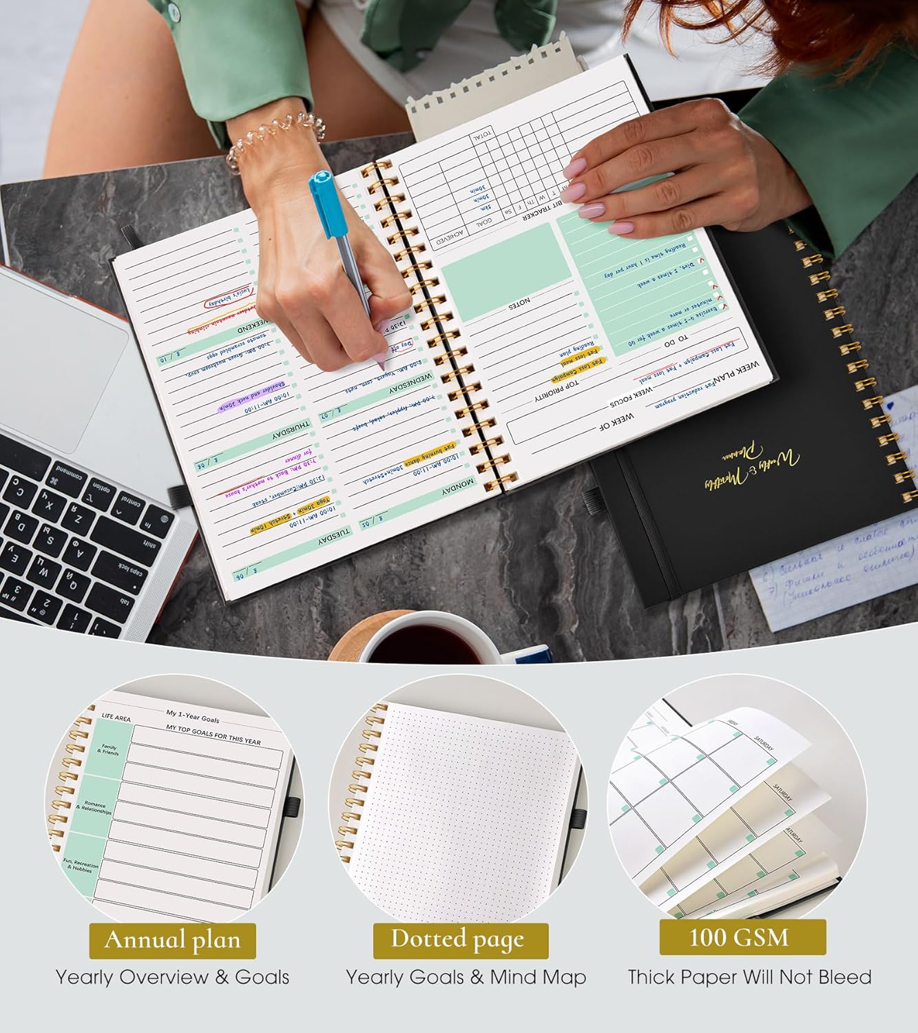 Undated Weekly and Monthly Planner, B5 Large Weekly To Do List Notebook with Goal & Habit Tracker Organizer, Hardcover Spiral Bound Blank Monthly Planner for Work School Home 7.4" x 9.64" Black