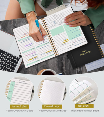 Undated Weekly and Monthly Planner, B5 Large Weekly To Do List Notebook with Goal & Habit Tracker Organizer, Hardcover Spiral Bound Blank Monthly Planner for Work School Home 7.4" x 9.64" Black