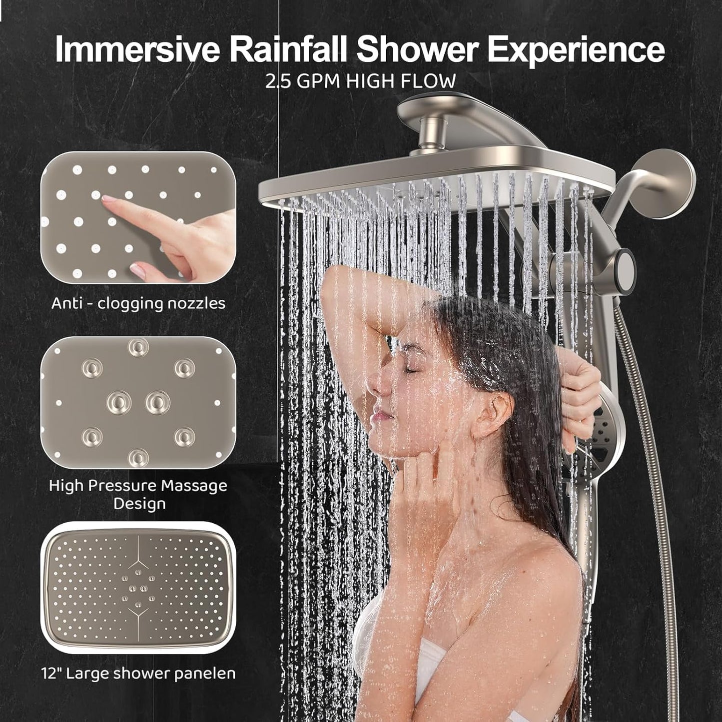 Rain Shower Head with filtered Handheld High Pressure rainfall Shower Heads with Handheld Spray Combo Adjustable one-piece stand daul shower head Built-in Magnetic Docking and Power Jets