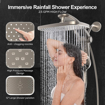 Rain Shower Head with filtered Handheld High Pressure rainfall Shower Heads with Handheld Spray Combo Adjustable one-piece stand daul shower head Built-in Magnetic Docking and Power Jets