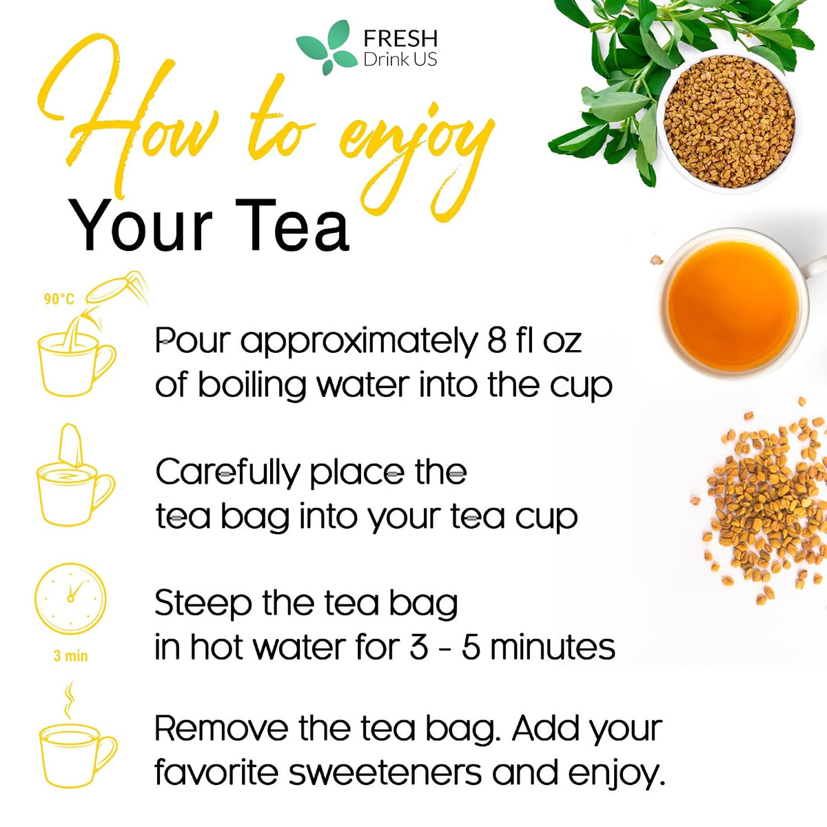 FreshDrinkUS, Premium Fenugreek Tea Bag, 30 Count, Pure, Caffeine Free
