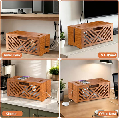 Extra Large Wooden Cable Management Box, 15.35 x 8.98 x 8.27 inches, Cord Hider Box with Cable Slots, Cable Organizer Box to Hide Power Strips, Surge Protector, Extension Cords for Desk & Floor