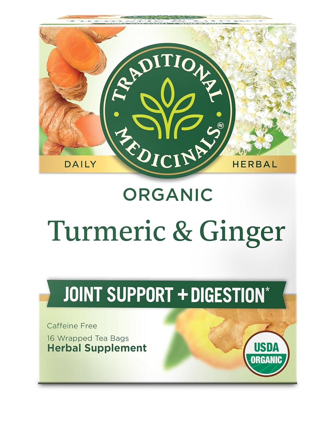 Traditional Medicinals Organic, Turmeric Tea with Ginger & Meadowsweet - Supports Normal Response to Inflammation - Kosher, Non-GMO, Caffeine-Free, Compostable - 16 Tea Bags