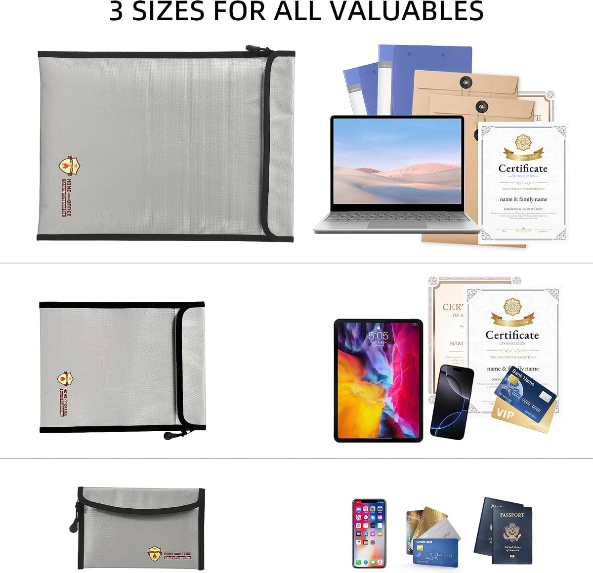 3 Pcs Fireproof Waterproof Document Bag(2000℉), Fire and Water Resistant Safe Zipper Storage Organizer Pouch for A4 A5 Documents Holder, Cash, Passport, Tablet, Laptop, File, Jewelry,(Black)