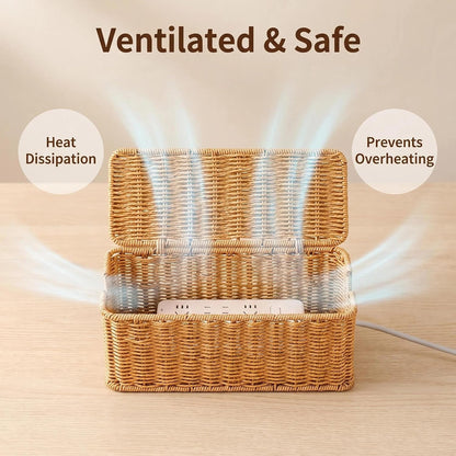 Cable Management Box Handwoven Faux Rattan Cord Basket with Lid (Scallop)