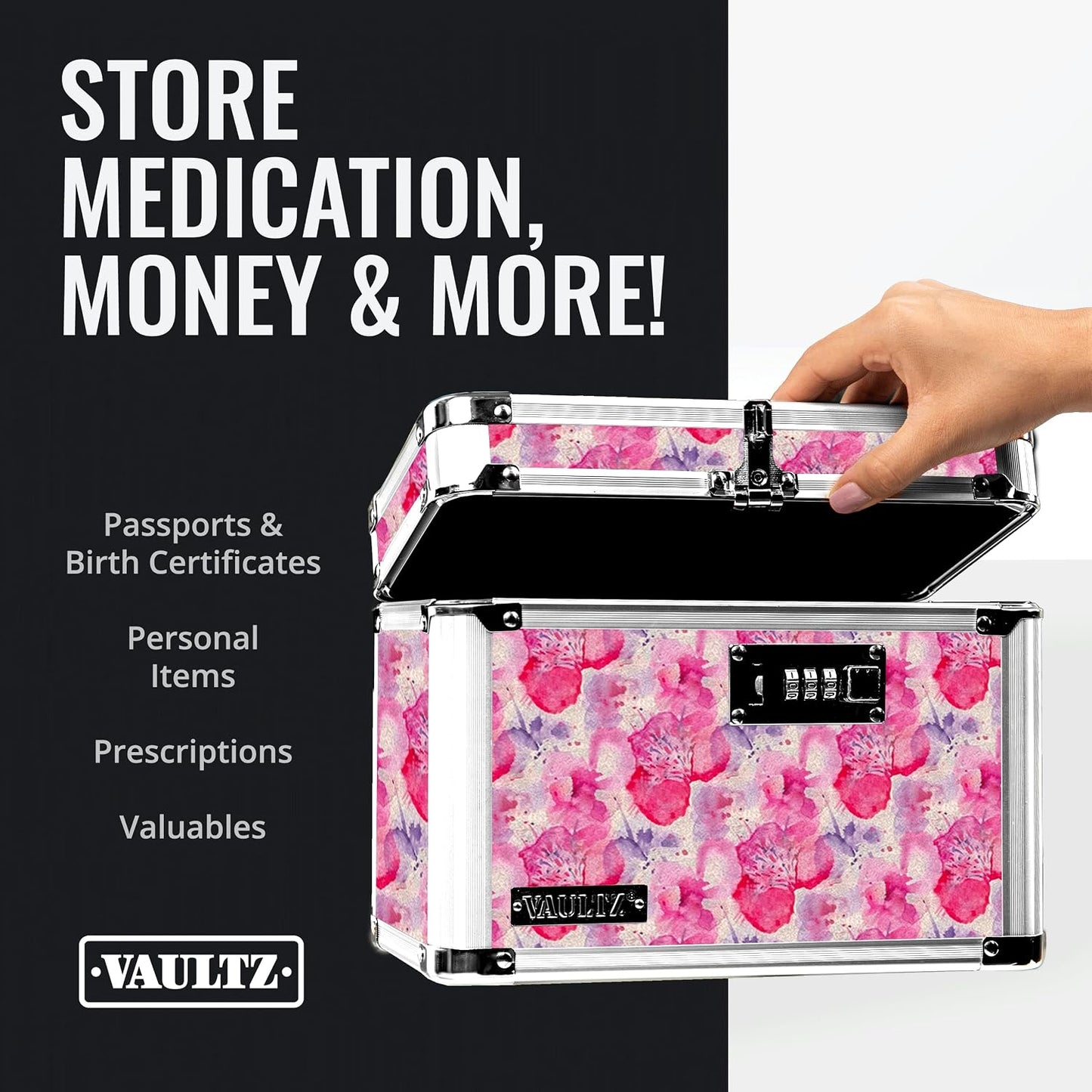 Vaultz Secure Security Lock Boxes - Safe Combination Lock Box, Storage for Documents, Valuables, Medicine & Money - 9.88 x 7.75 x 7 Inch - Black/Chrome